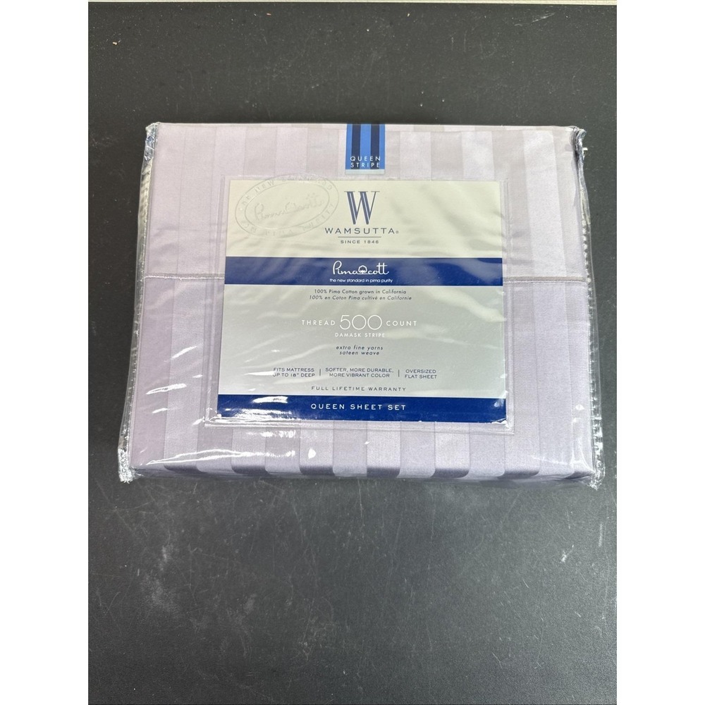 RARE Wamsutta PimaCott Queen Size 500 Thread Count Damask Stripe Sheet Set Purpl